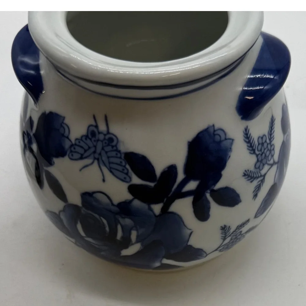Vintage Blue and White Porcelain Ginger Jar Lidded Rose Butterfly Chinoiserie